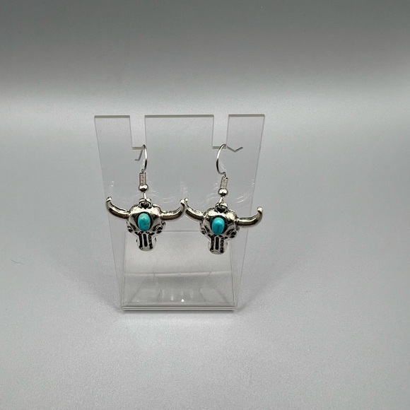 Turquoise Bull Skull Earrings - Handmade E0131C - Picture 3 of 5